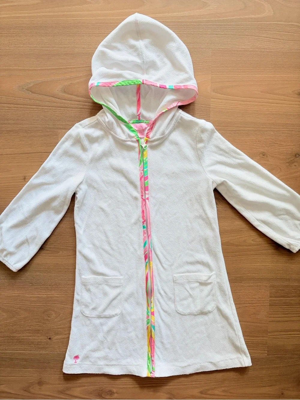 Girls' White Hooded Beach Swim Cover-Up Bath Robe White Terry Cloth Pink Trim